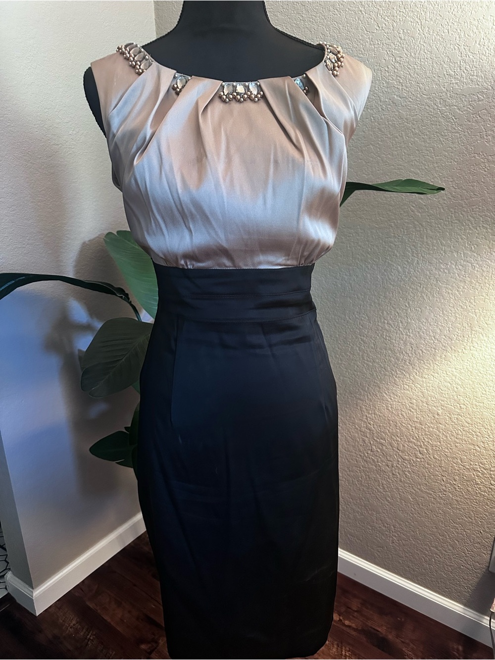 Donna Ricco Two-Tone Jewel-Neck Pencil Dress - Champagne and Black
